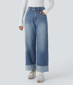 Jean décontracté Halara Flex™ taille haute jambes larges avec poches multiples et ourlet ajustable, en maille extensible effet délavé