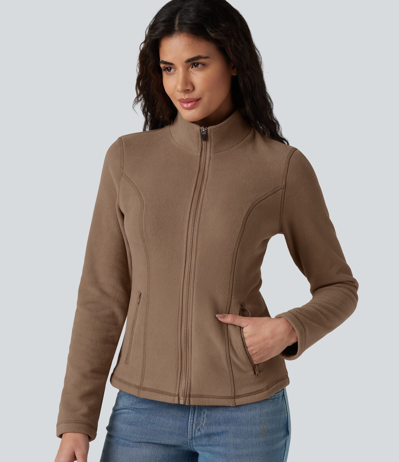 Veste polaire décontractée coupe ajustée à col montant, fermeture zippée et poches