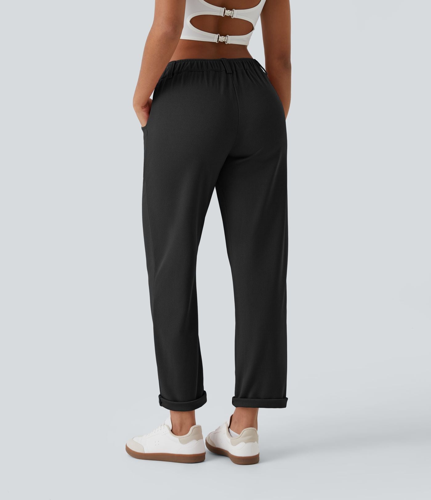 Pantalon casual taille mi-haute en maille gaufrée avec poche zippée