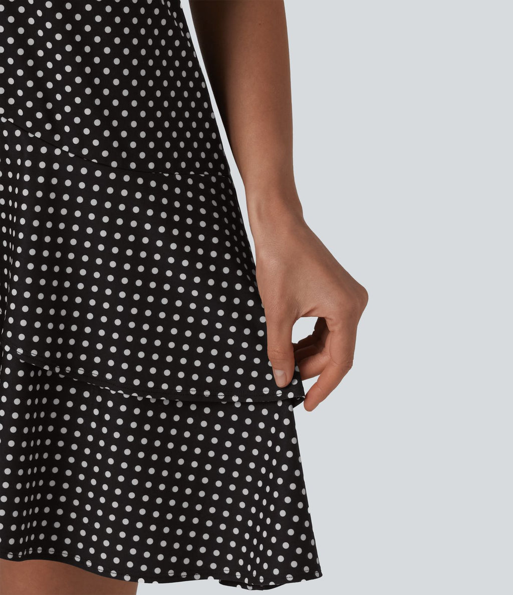 Robe mini casual à pois col rond sans manches ourlet à volants superposés