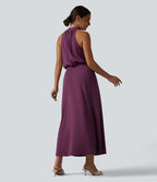 Robe midi col cheminée sans manches dos découpé extensible aspect satiné effet frais InstantCool