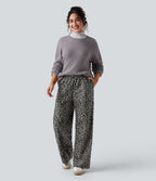 Pantalon léopard ample décontracté velours côtelé imprimé taille haute avec poches