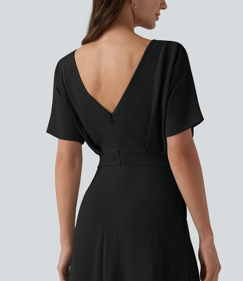 Robe midi col V manches courtes aspect lin avec poches