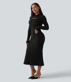 Robe mi-longue sirène côtelée col cheminée manches longues