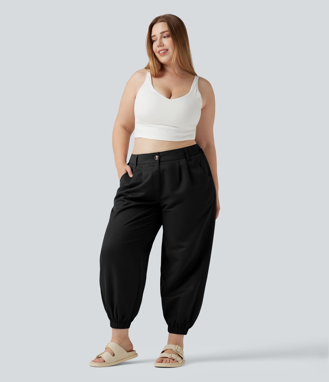 Pantalon jogging grande taille, taille mi-haute avec poches