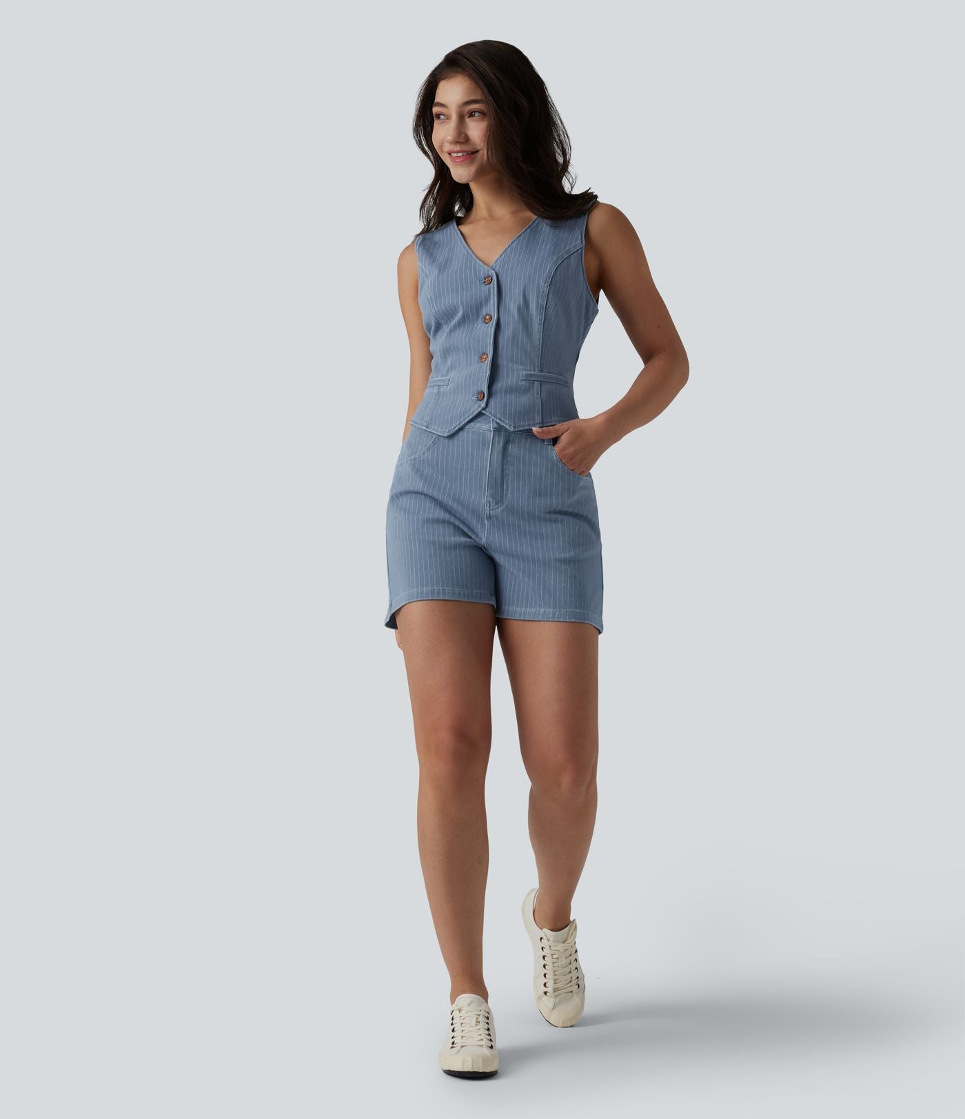 Gilet denim décontracté Halara Flex™ décolleté V profond boutonnage rayé