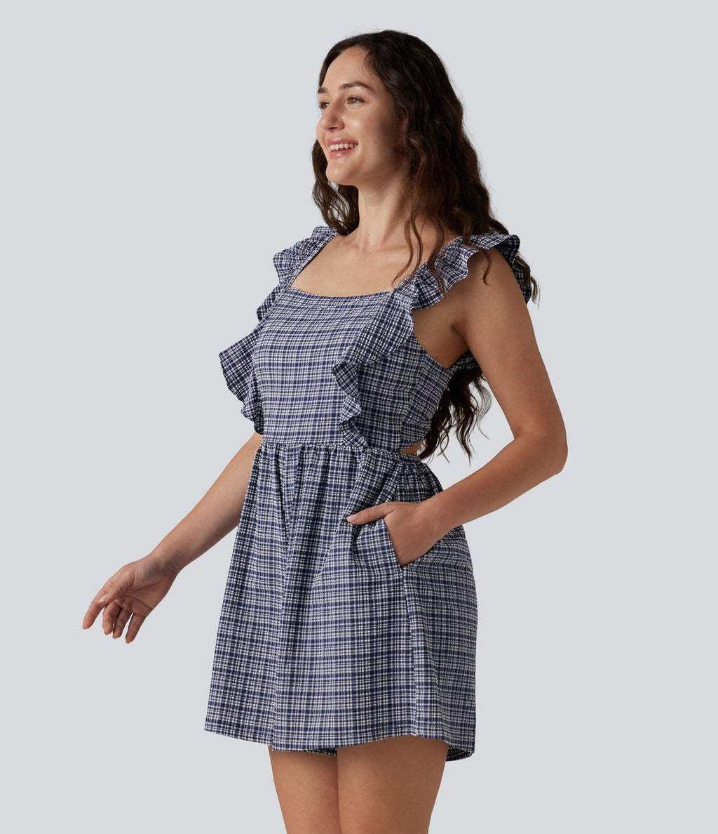 Combinaison short décontractée dos nu torsadé à volants carreaux froissés avec poches, séchage rapide - Easy Peasy