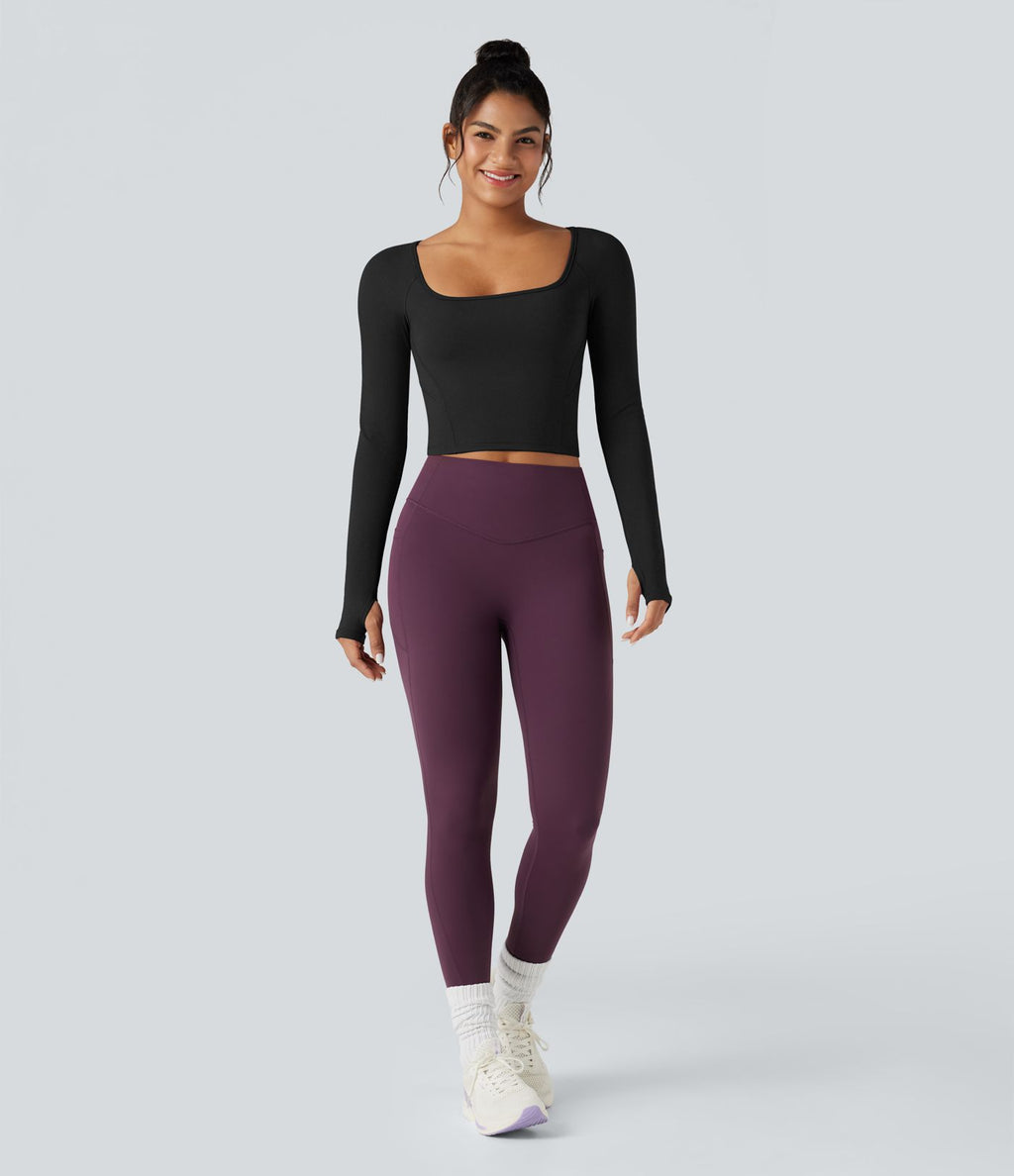 Top de sport yoga SoftlyZero™ Plush col carré manches raglan longues avec trous pouces