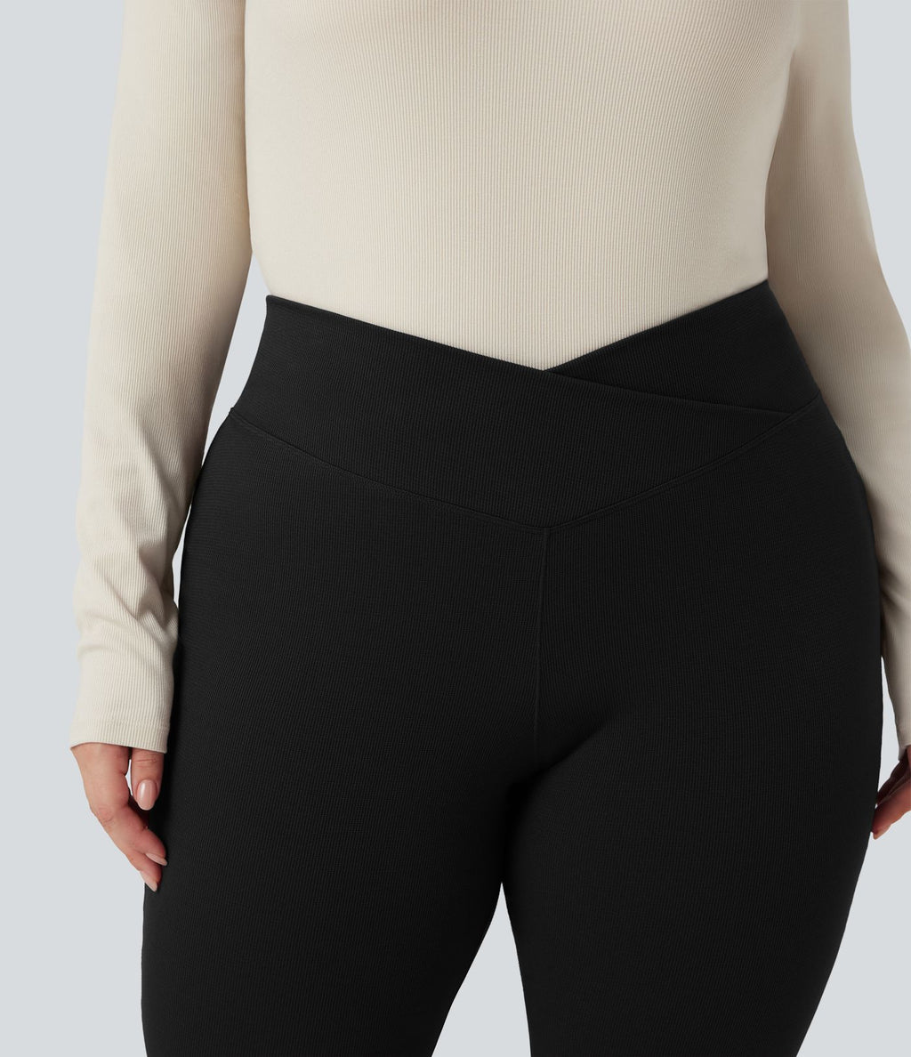 Pantalon décontracté grande taille croisé, évasé en maille gaufrée, taille haute, avec poches