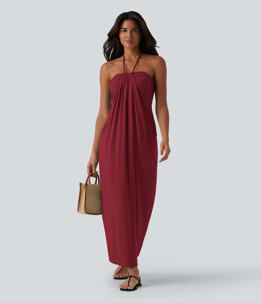 Robe longue dos nu col licou avec nœud et poches