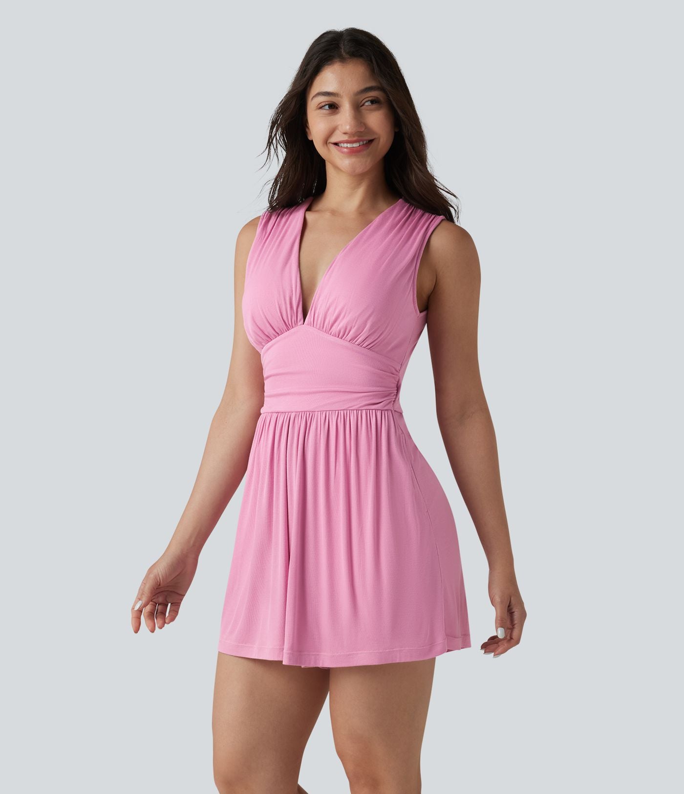 Combishort casual côtelé sans manches col V, fronces et soutien-gorge intégré, avec poches – Easy Peasy