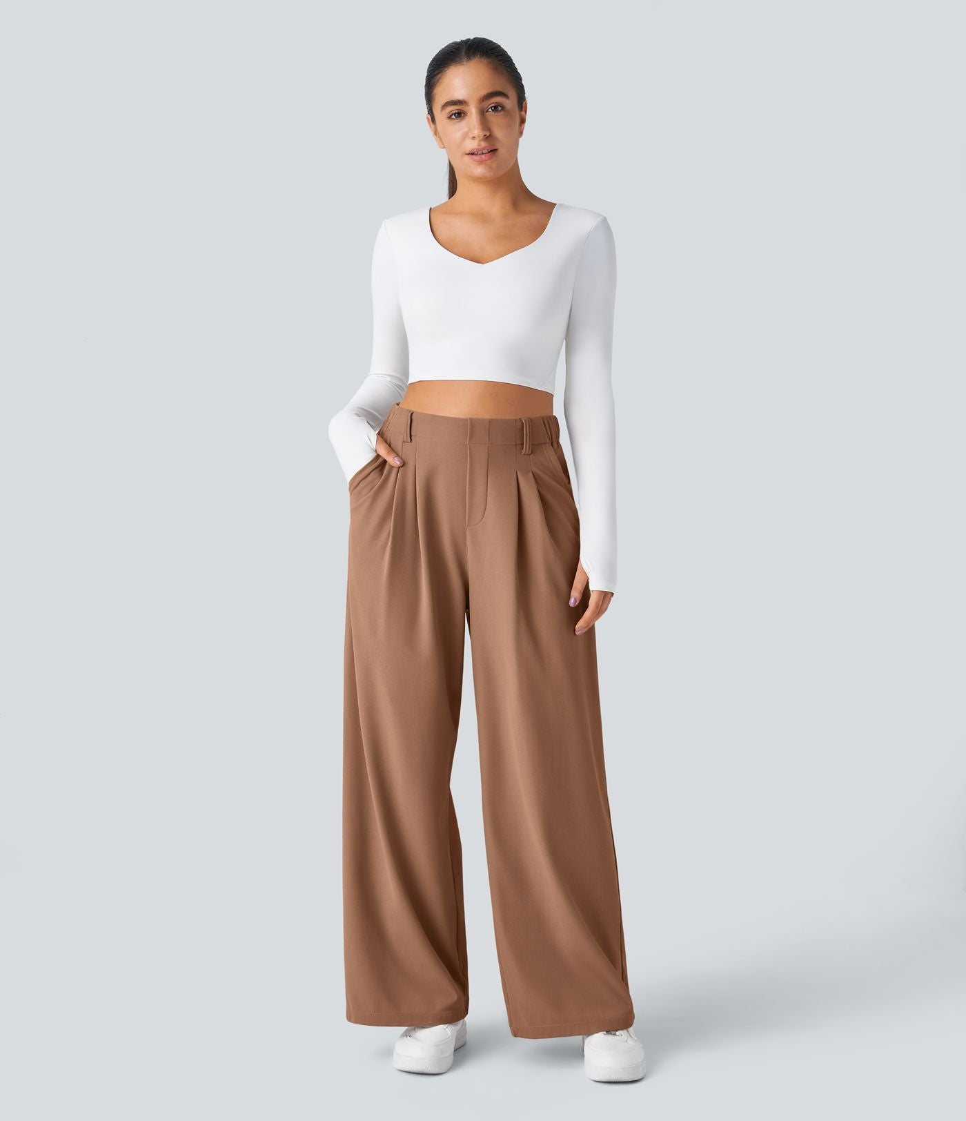 Halara Flex™ Pantalon Tailleur Large Fluide Gaufré Taille Haute Poches Latérales
