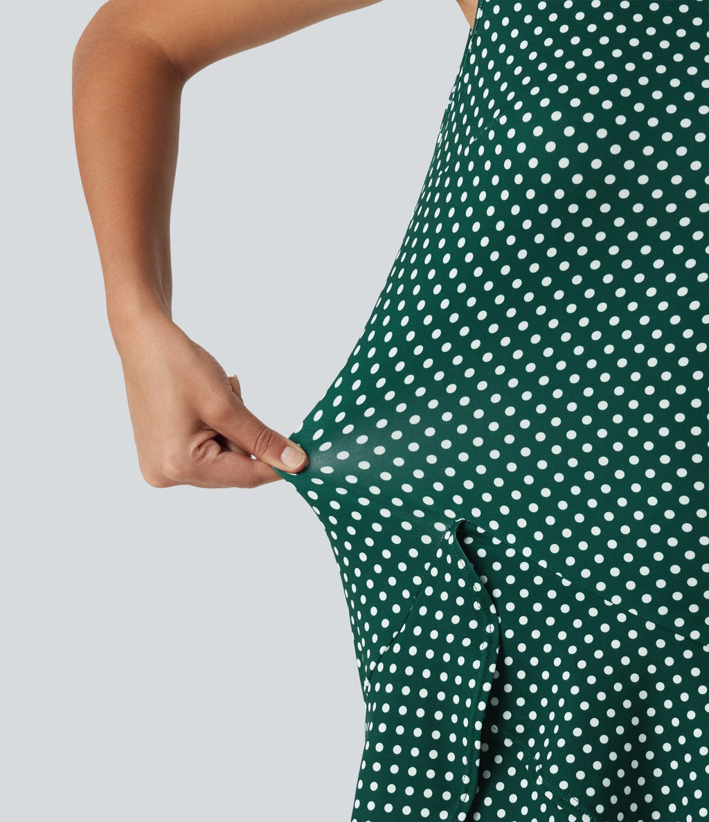 Robe mini casual à pois col rond sans manches ourlet à volants superposés