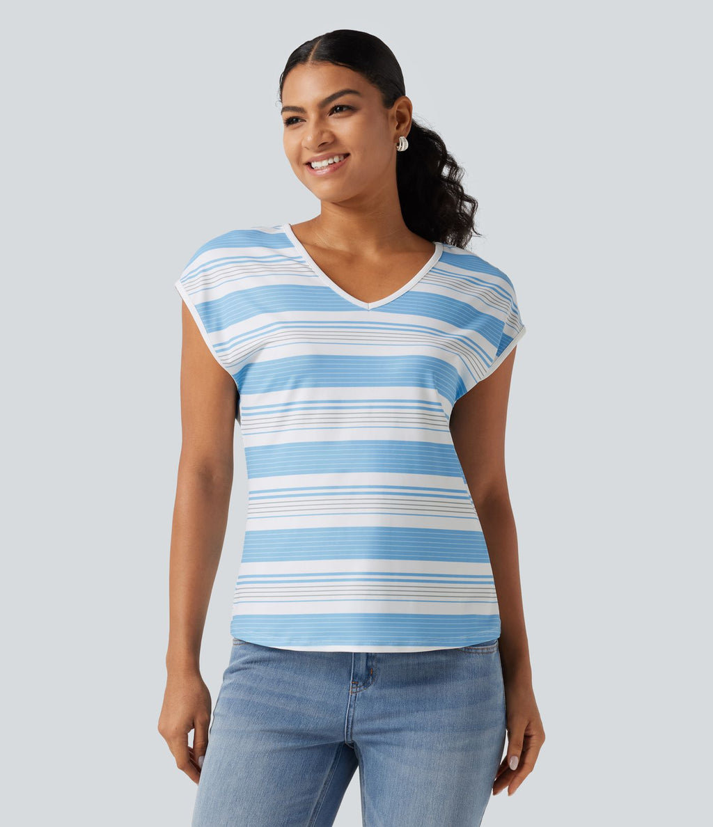 T-shirt décontracté à rayures, col en V et manches courtes
