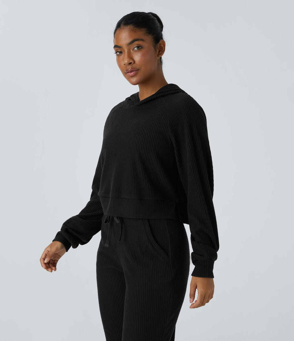Sweat-shirt décontracté à capuche en maille côtelée avec manches longues et fente