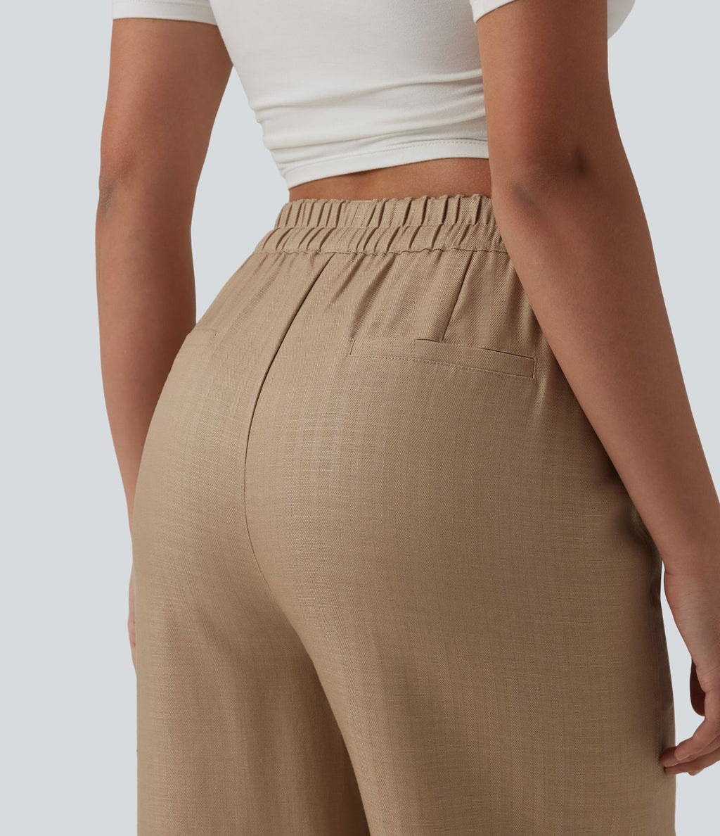 Pantalon large fluide décontracté en lin mélangé taille haute avec cordon de serrage et poches