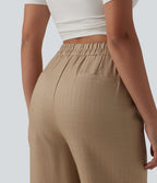Pantalon large fluide décontracté en lin mélangé taille haute avec cordon de serrage et poches
