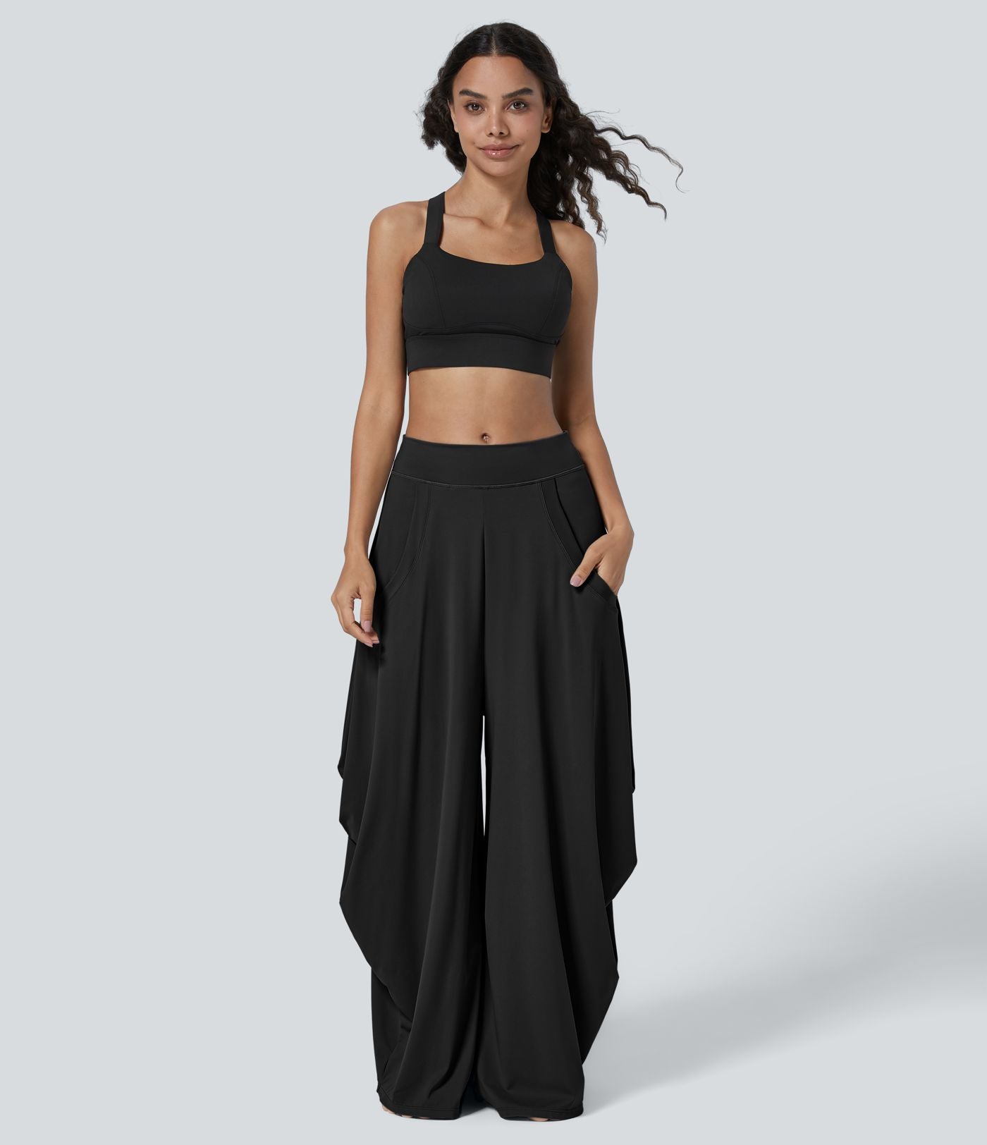Pantalon décontracté drapé à poches multiples et taille moyenne, jambe large