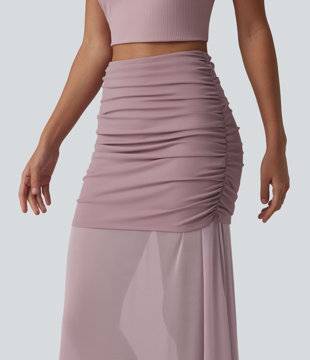 Jupe longue décontractée 2-en-1 taille haute froncée en tulle fluide