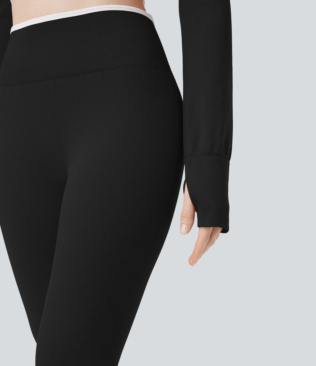 Haut de sport yoga court dos nu à manches longues avec passants pouces et blocs de couleurs sans coutures Seamless Flow