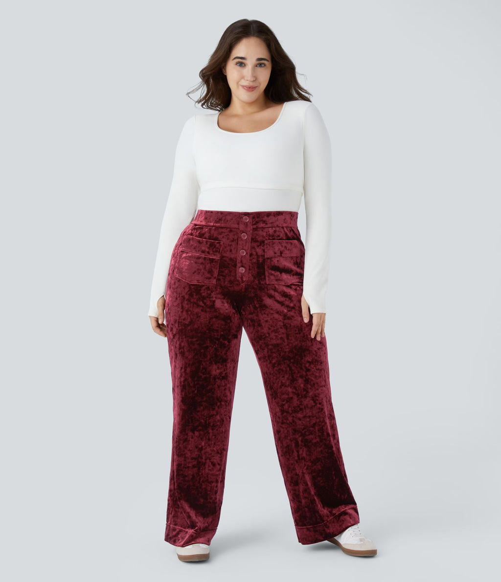 Pantalon décontracté grande taille en velours taille haute à boutons avec poches multiples et jambes droites