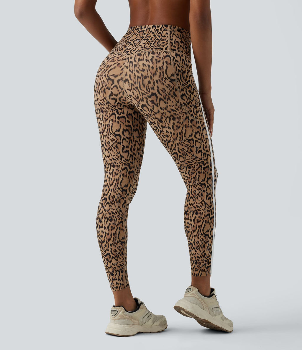Legging 7/8 d'entraînement taille haute gainant imprimé léopard et rayures color block Halara UltraSculpt™ avec poches