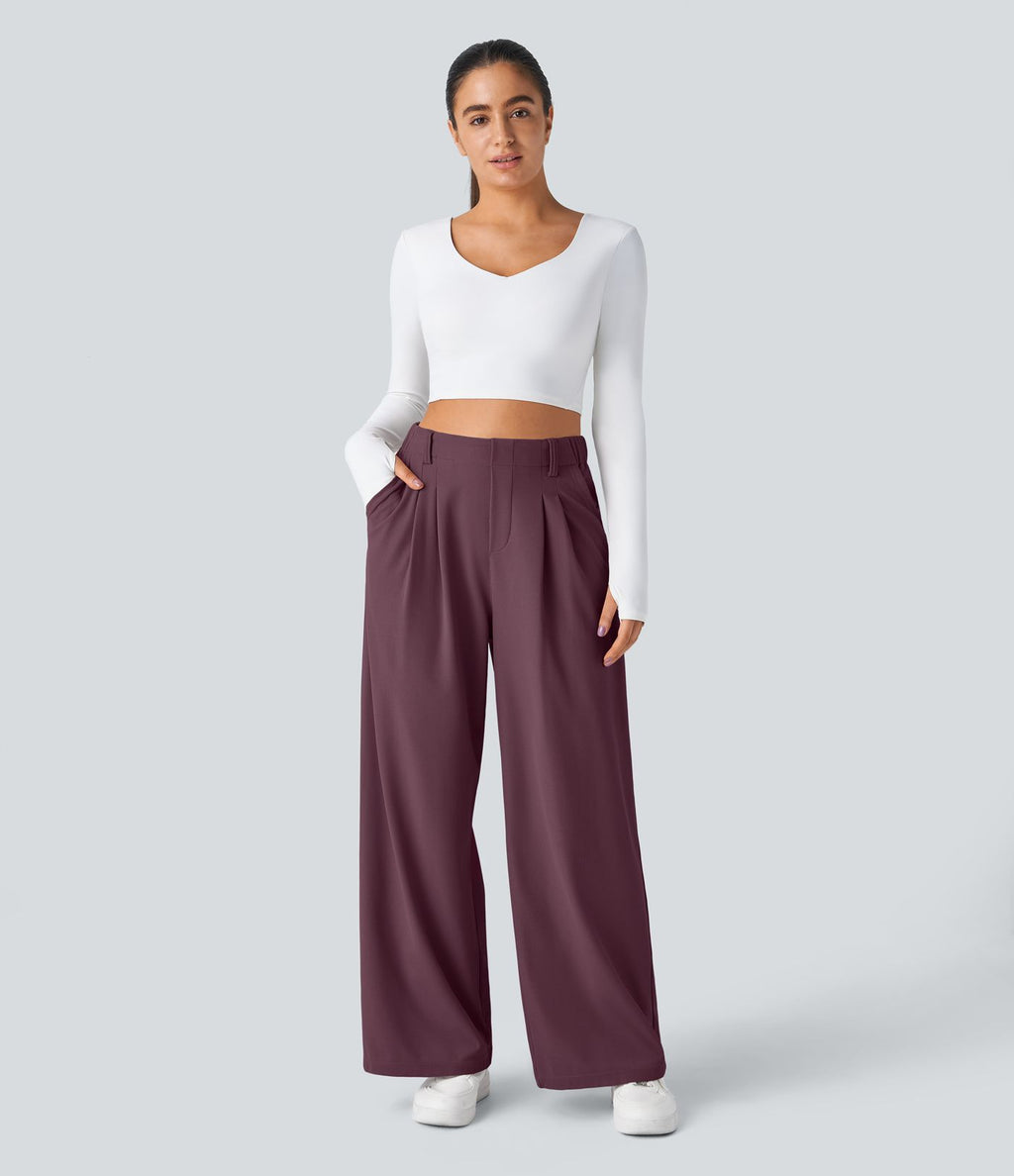 Halara Flex™ Pantalon Tailleur Large Fluide Gaufré Taille Haute Poches Latérales