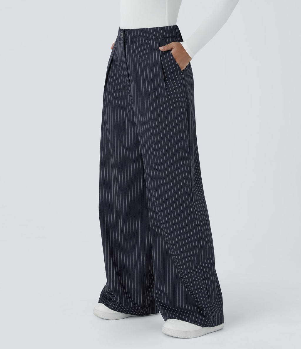 Pantalon Tailleur Large Fluide à Rayures, Taille Haute, Bouton et Fermeture Éclair, Poches Latérales