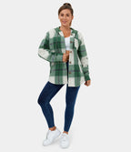Veste de Casual à Carreaux en Polaire à Capuche avec Cordon de Serrage Boutons et Poches Latérales