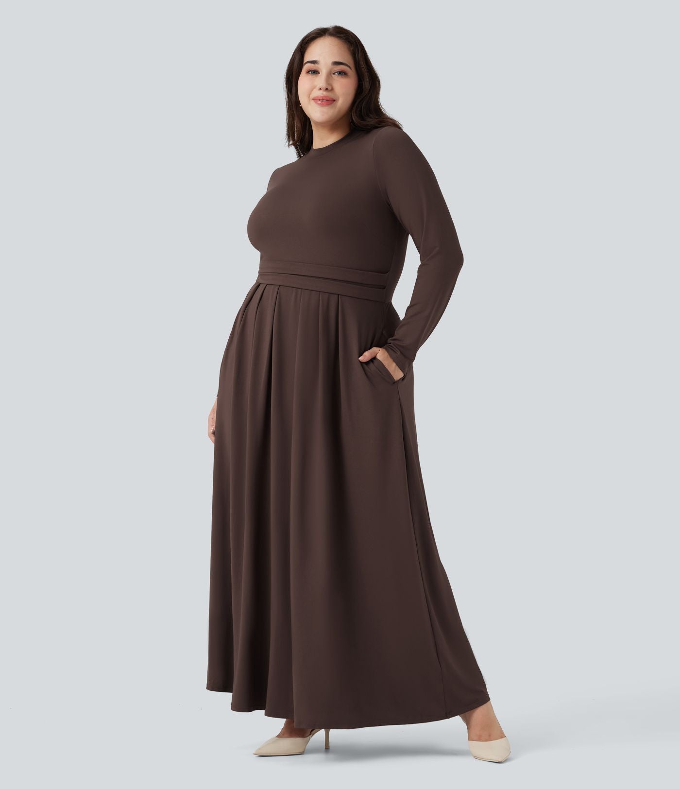 Robe décontractée maxi évasée grande taille col montant manches longues avec poches