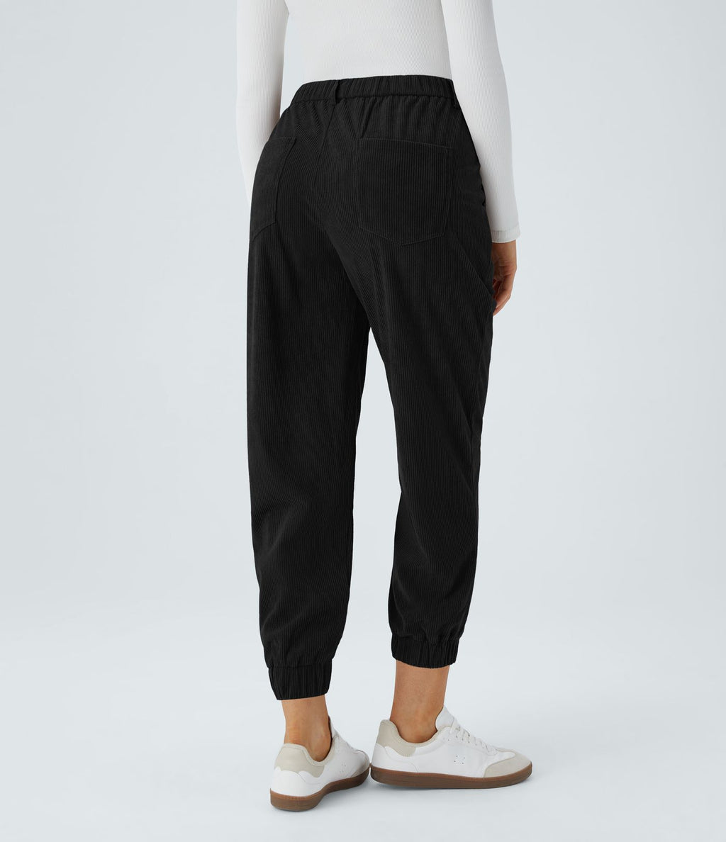 Pantalon décontracté en velours côtelé avec taille mi-haute, boutons et fermeture éclair