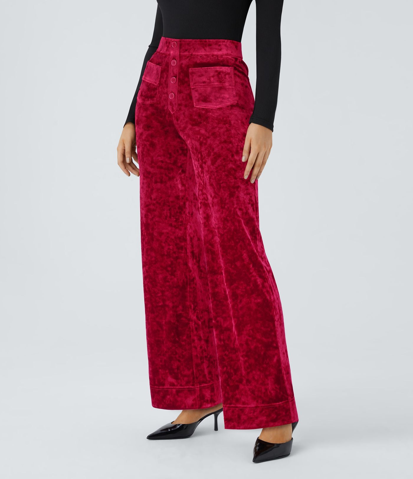 Pantalon Casual en Velours Taille Haute avec Bouton Multipoches Droites