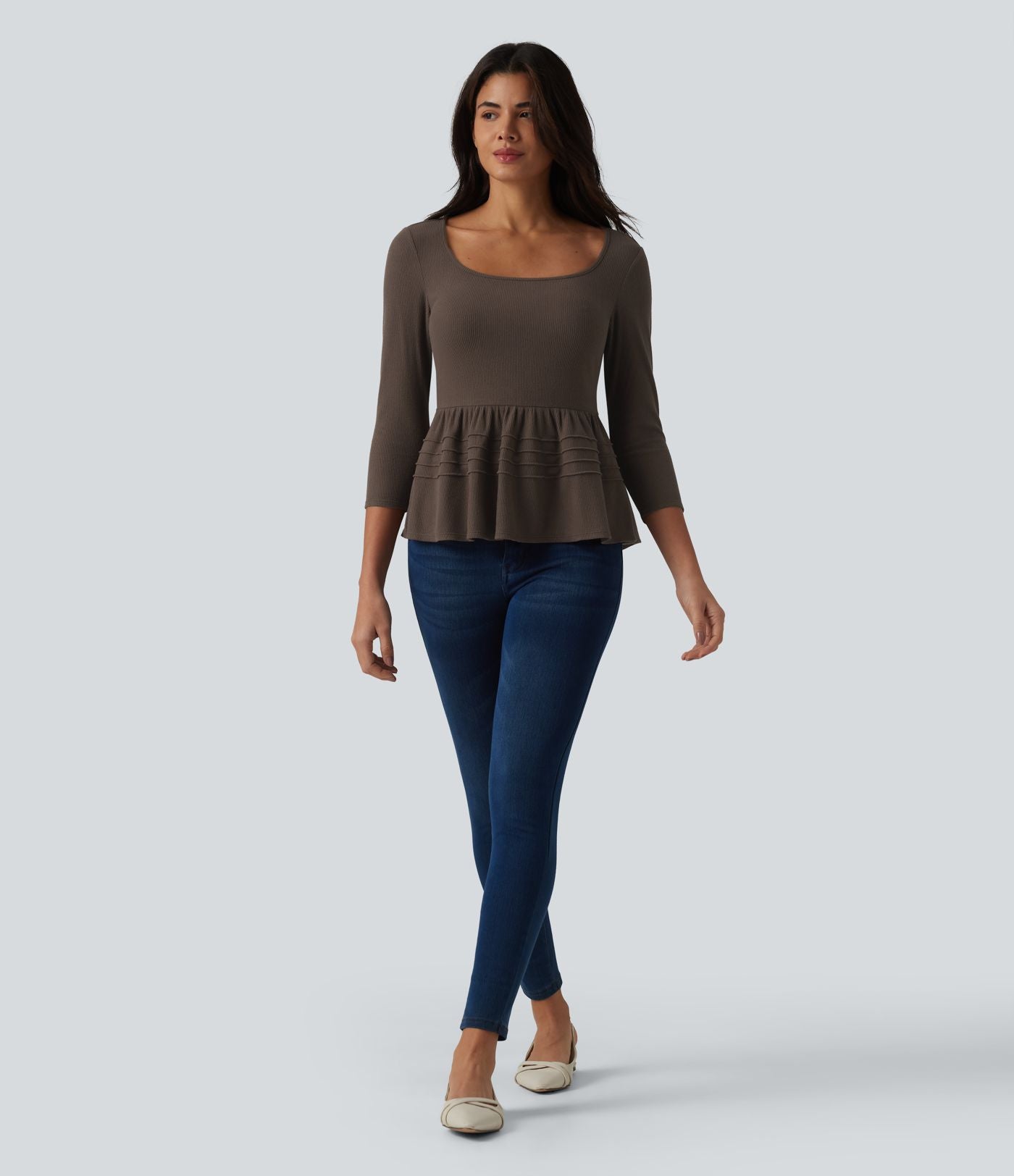 Haut babydoll décontracté en maille côtelée col en U manches 3/4