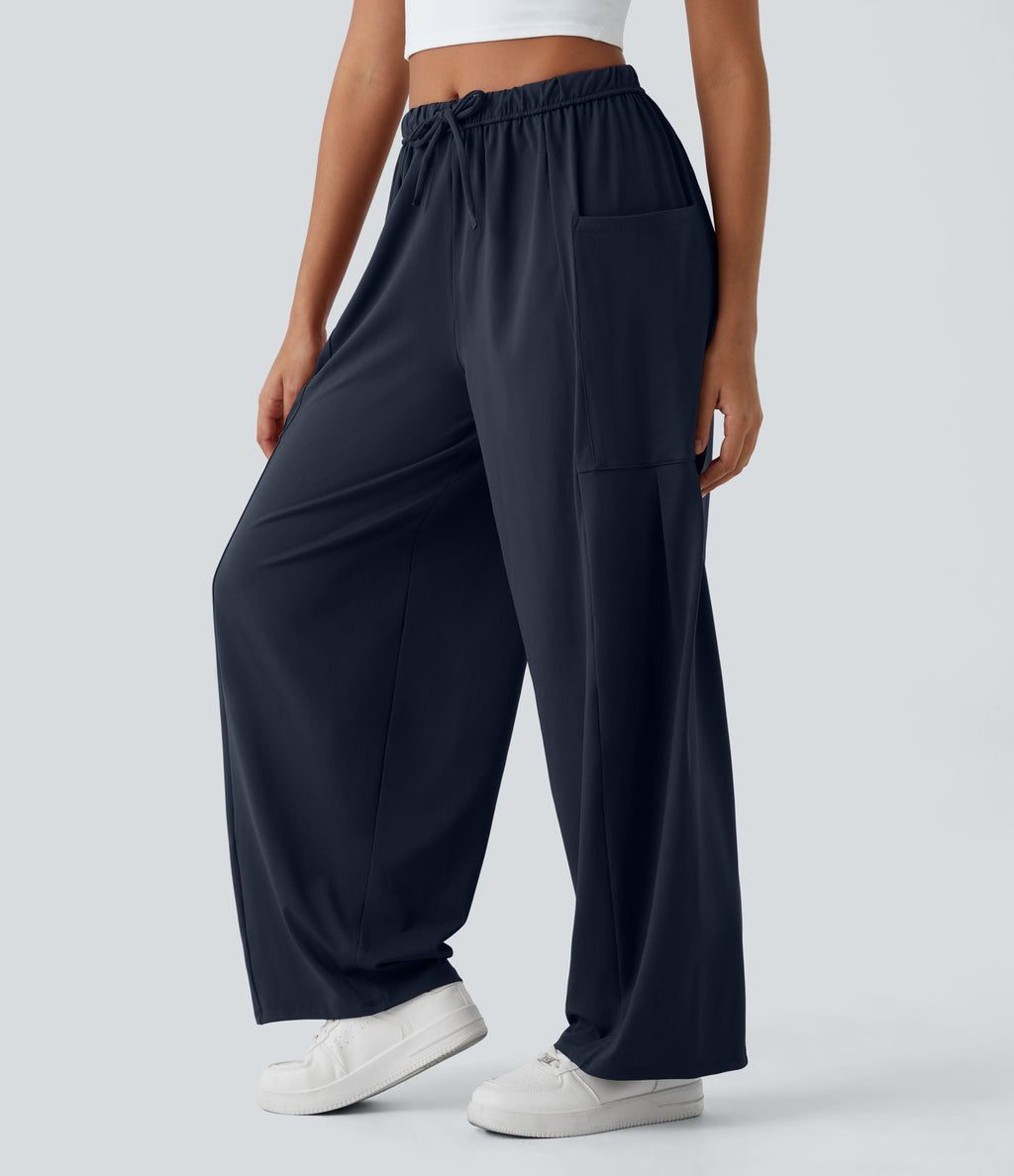 Pantalon Large Fluide Taille Mi-Haute Taille Élastique Cordon Poches Latérales Ourlet Flottant