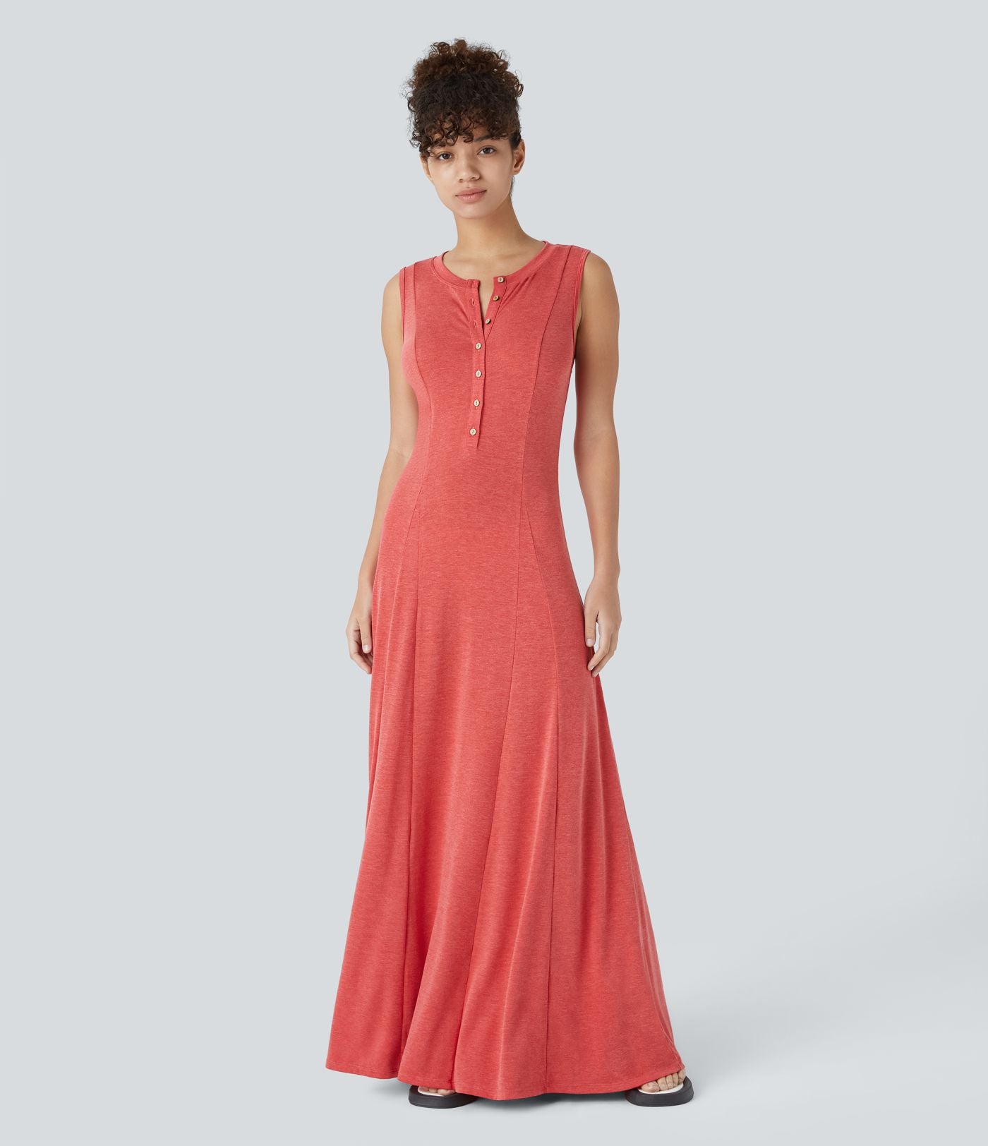 Robe Casual Maxi Col Rond Sans Manches Boutonnés