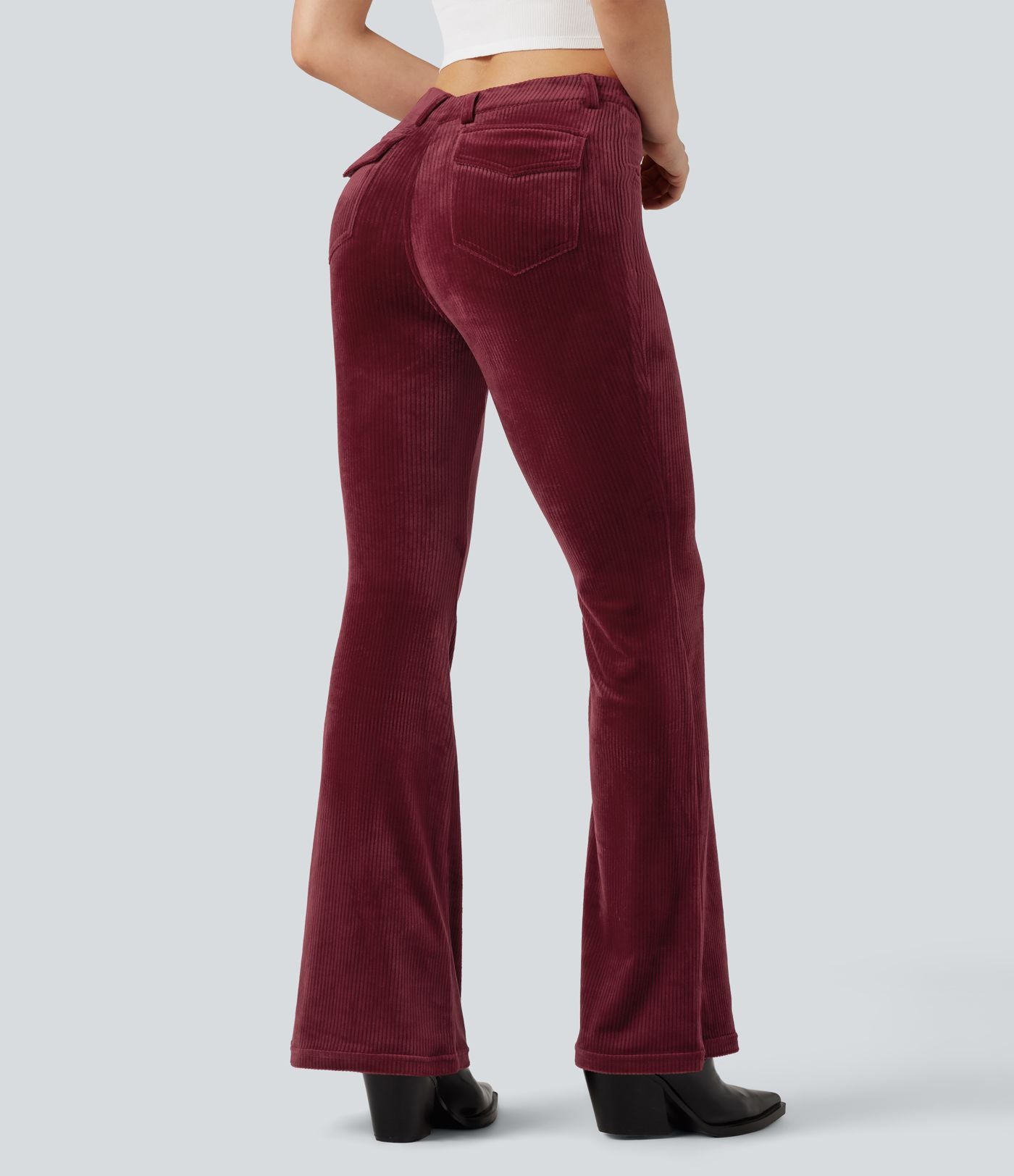 Pantalon évasé velours côtelé ceinture en V taille haute avec poches