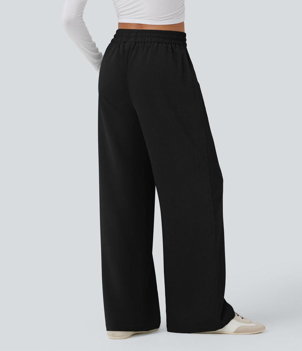 Pantalon décontracté jambe large taille haute avec cordon de serrage et poches