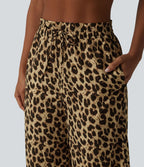 Pantalon large et fluide à imprimé léopard, taille haute avec cordon de serrage et poches latérales