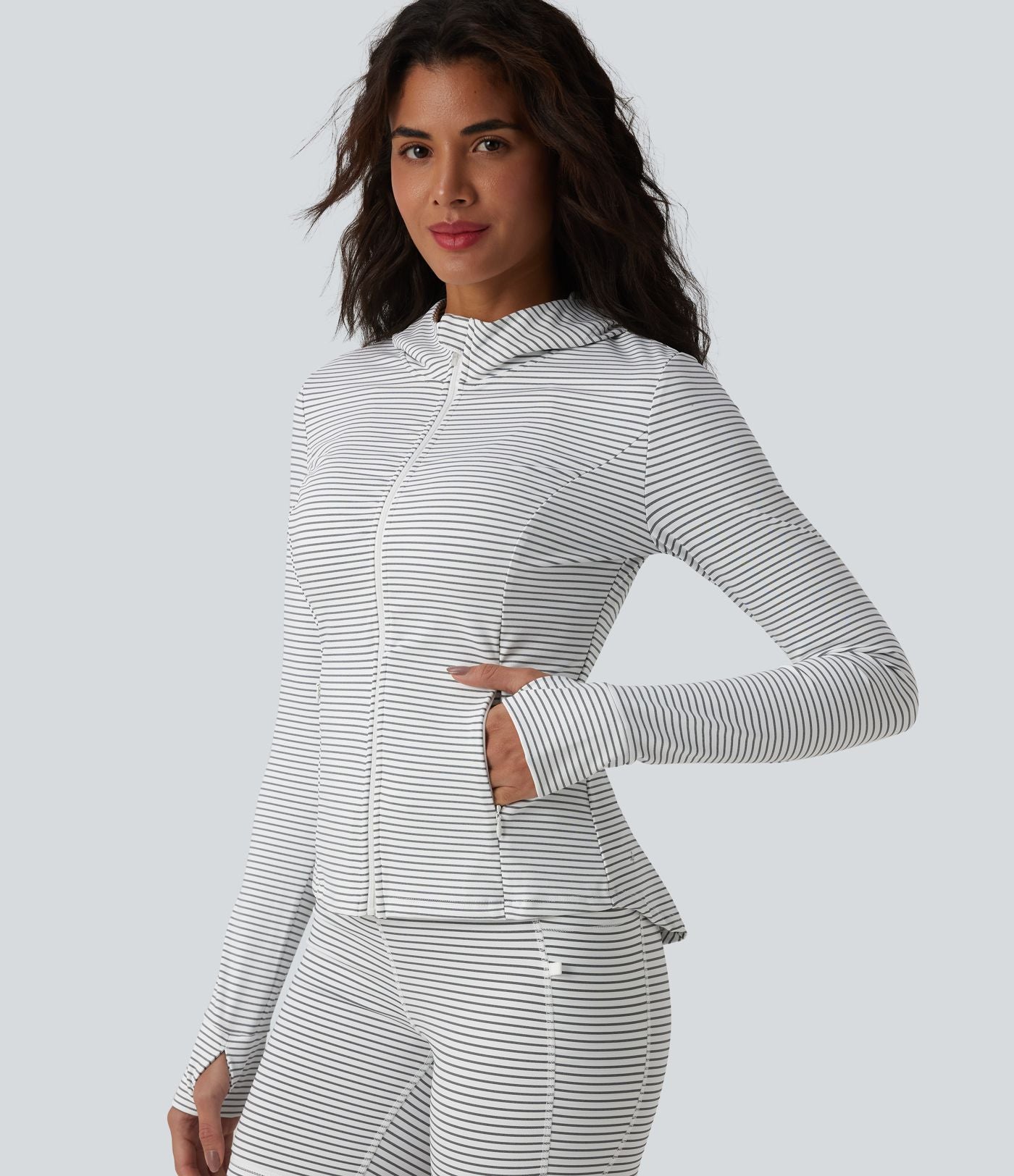 Veste de yoga à capuche manches longues avec trous pour pouces et rayures avec poches