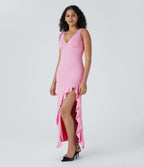 Robe de soirée longue à col V, sans manches, avec volants asymétriques et fente