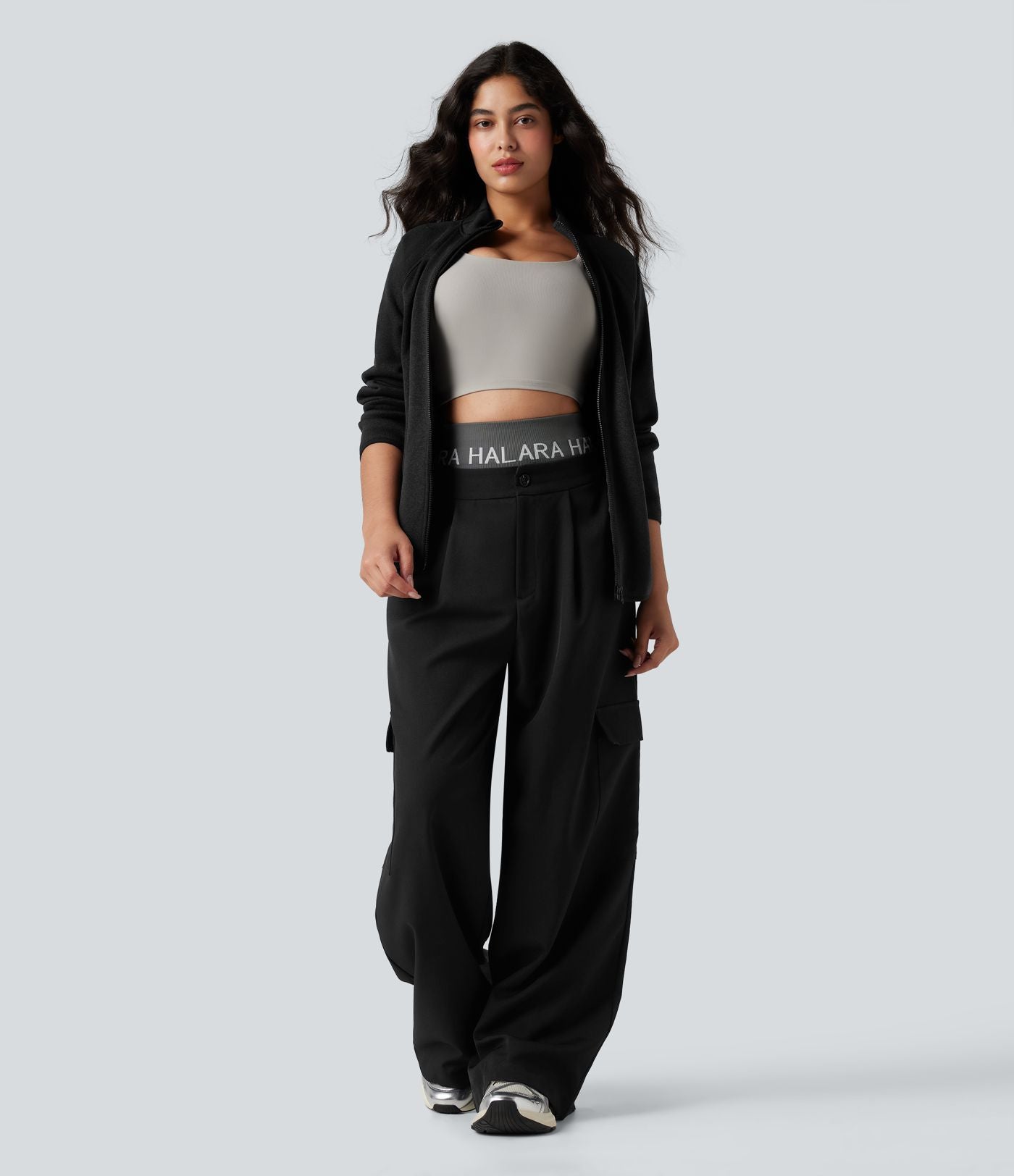 Veste polaire de randonnée chiné col montant manches longues avec fermeture éclair et poches