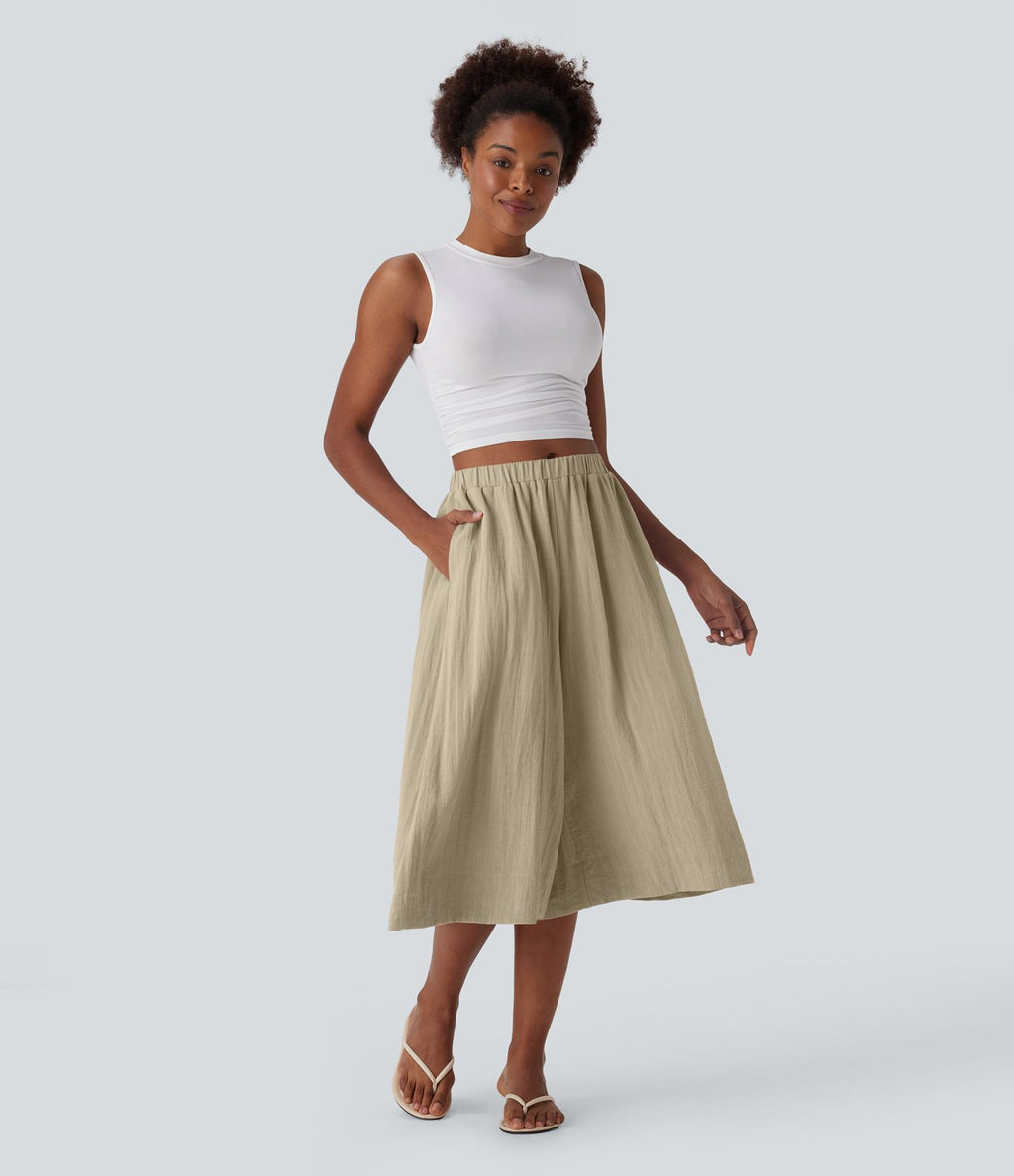 Pantalon fluide large taille mi-haute effet lin avec poche