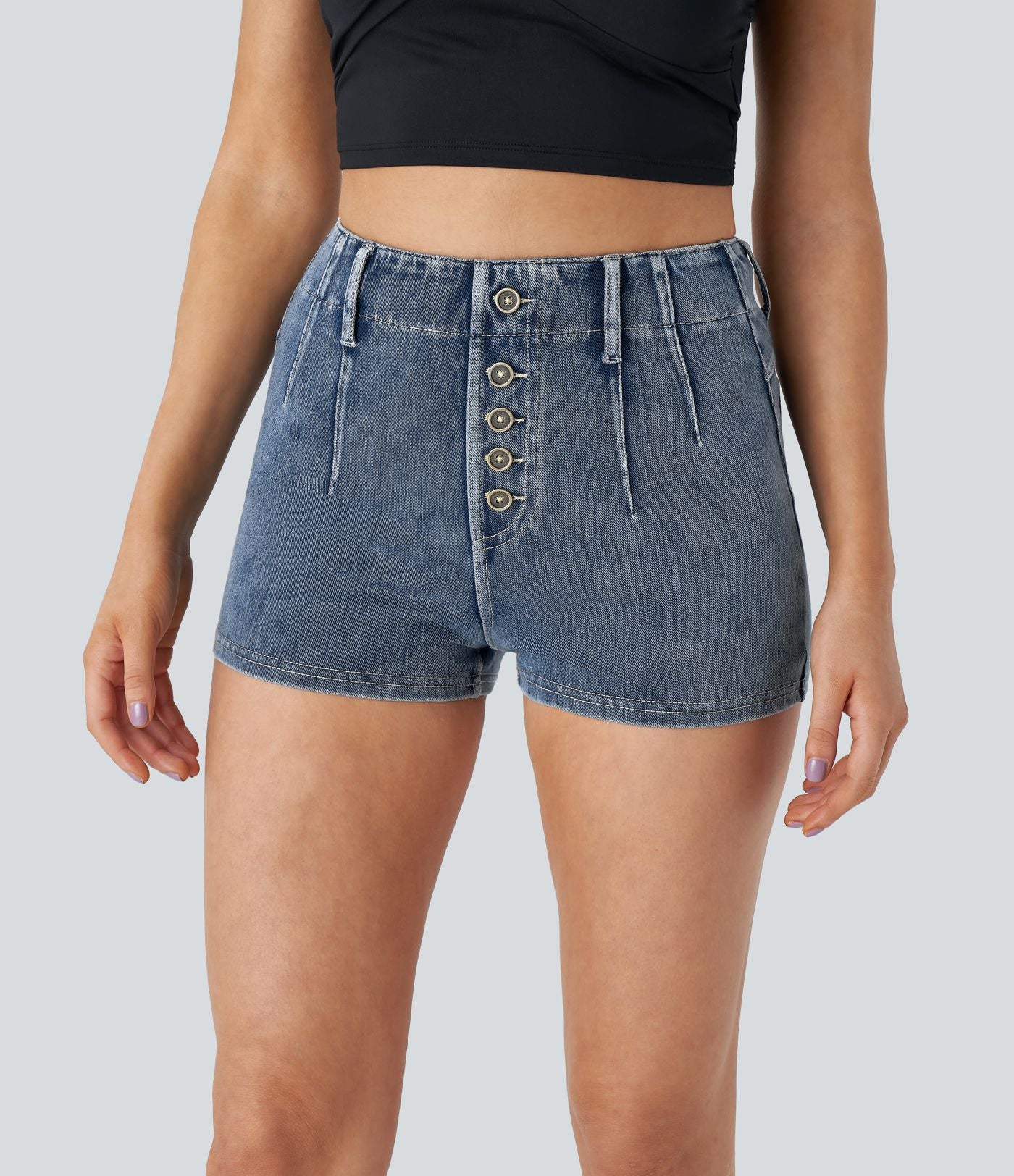 Halara Flex™ Short 5cmCasual Taille Haute en Denim Tricoté Stretch avec Boutons Décoratifs et Poches Arrière