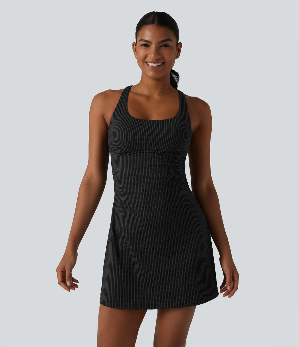 Robe sport mini de tennis 2 pièces à col U, soutien-gorge intégré, rayures, séchage rapide et poches - UPF40+