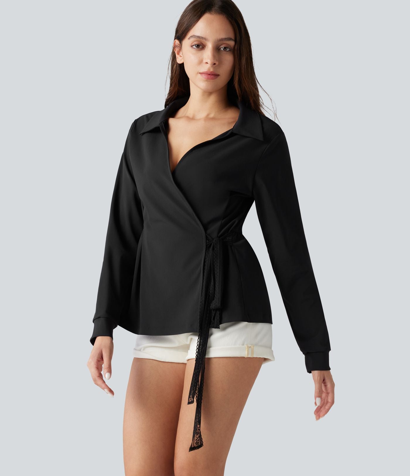 Chemise de travail à manches longues, à lacets contrastés sur les côtés, infroissable et à séchage rapide