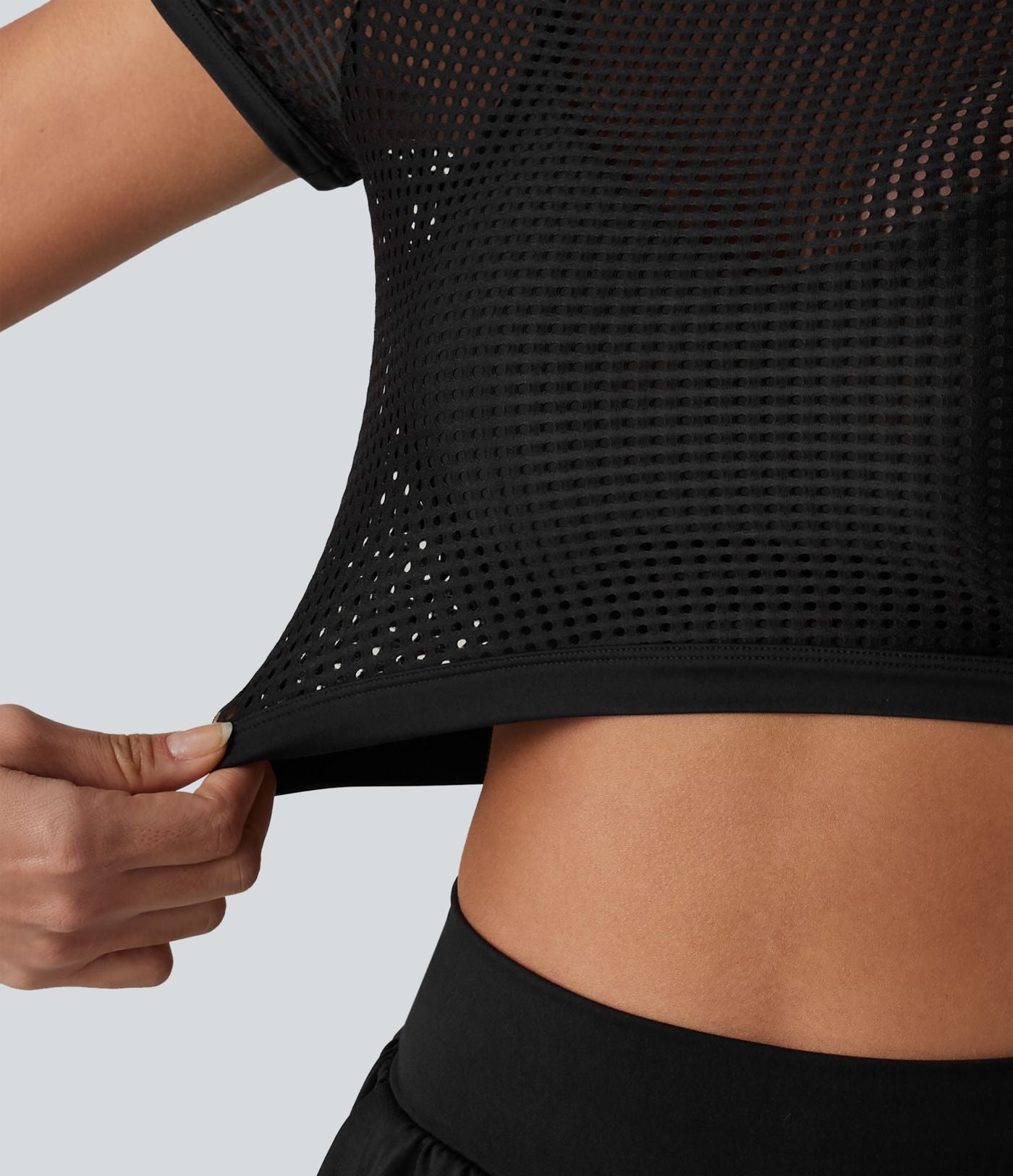 Haut de sport de course court col cheminée manches courtes ajouré - sans brassière de sport incluse