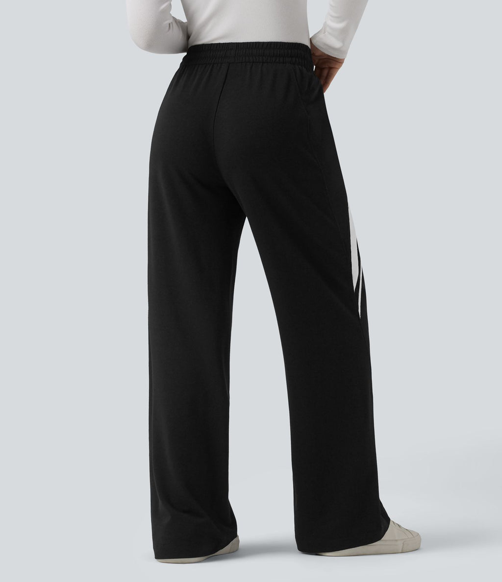 Jogging large décontracté color block taille mi-haute avec cordon de serrage intérieur et poches