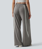 Pantalon large décontracté color block taille haute avec cordon de serrage et poches