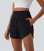 Short casual taille haute ourlet arrondi rayures avec poches