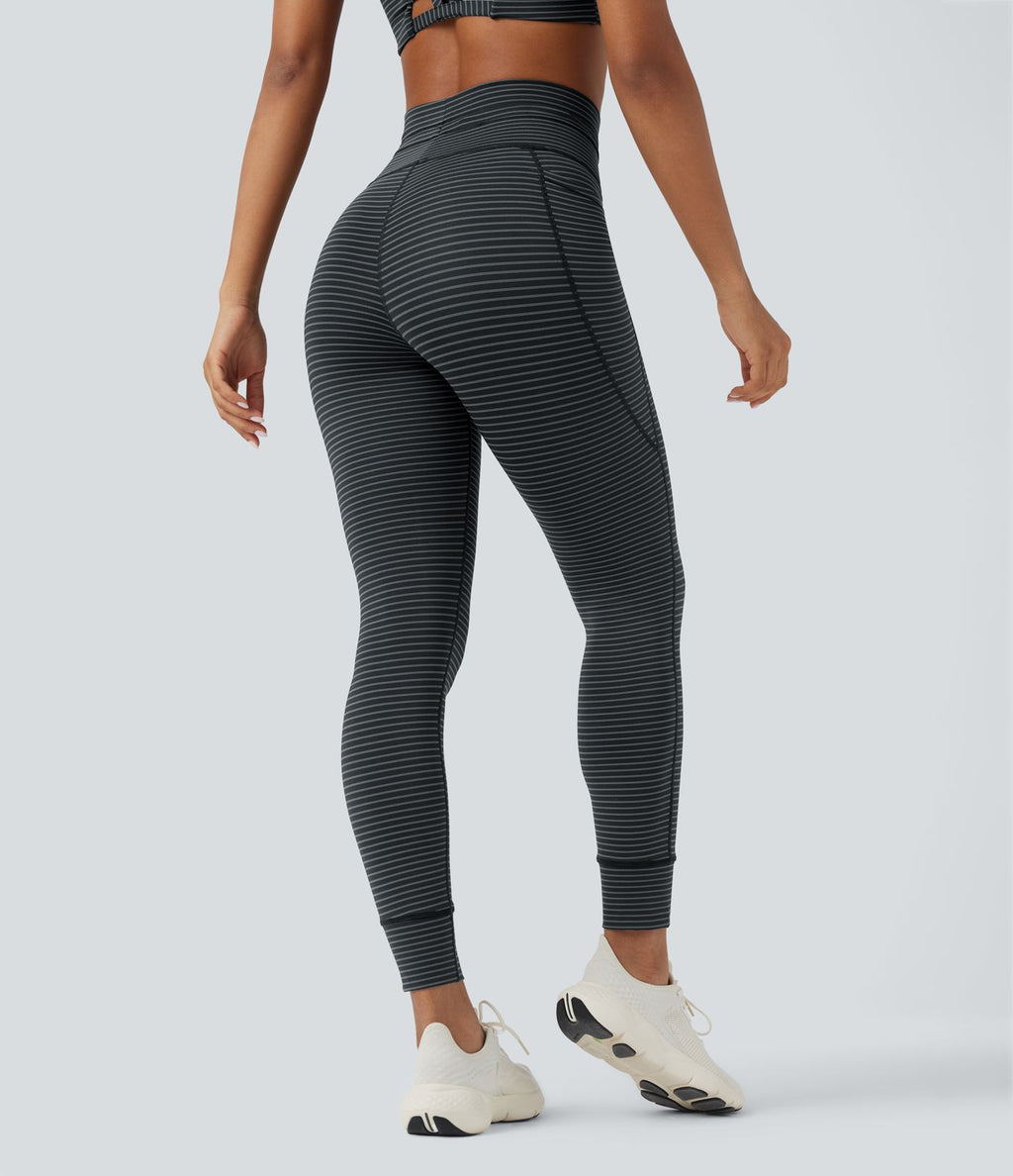 Legging de yoga rayé taille haute avec cordon de serrage et poches